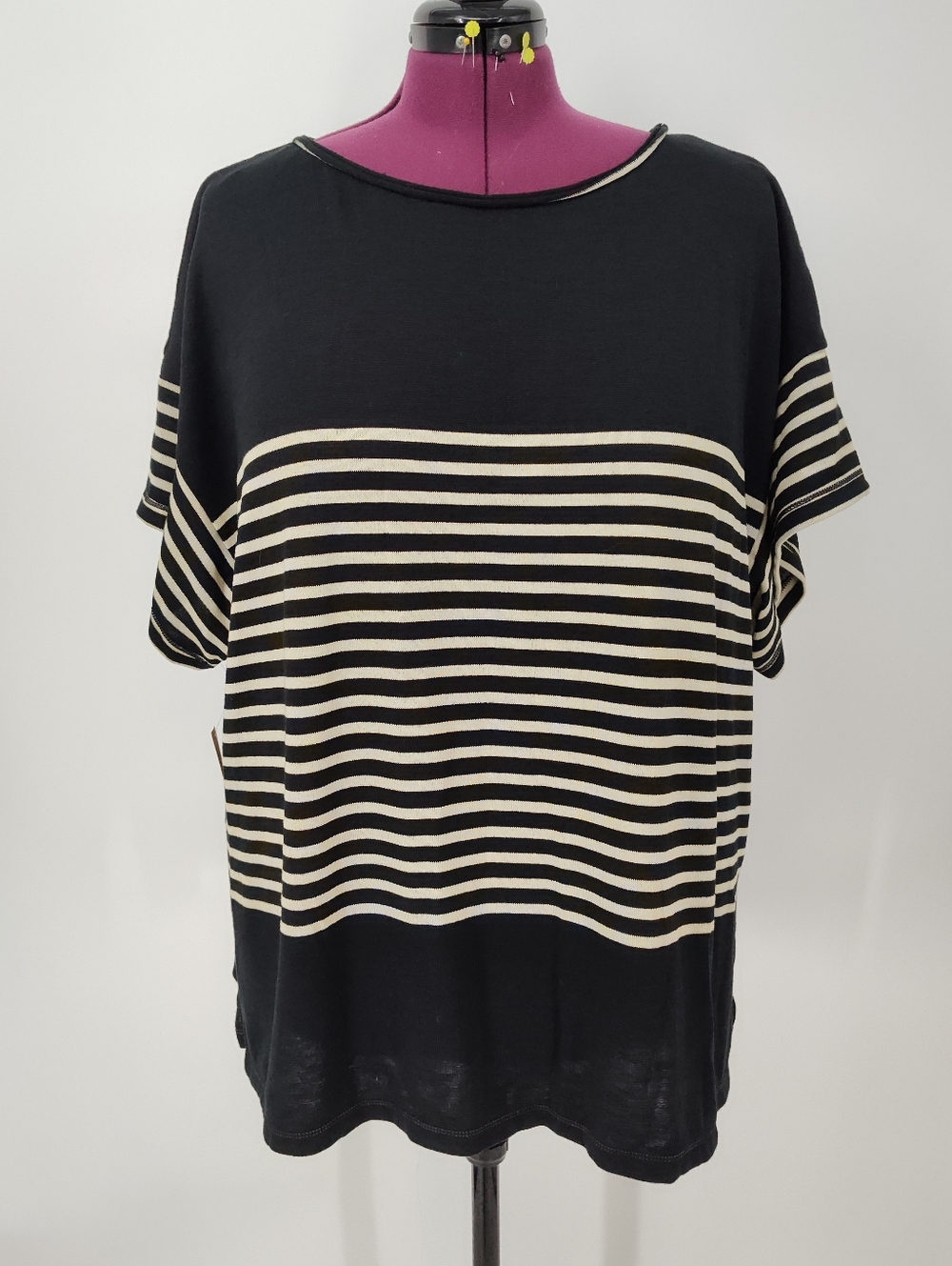 Max Studio Black and Cream Striped Short-Sleeve Knit Top Womens 3X